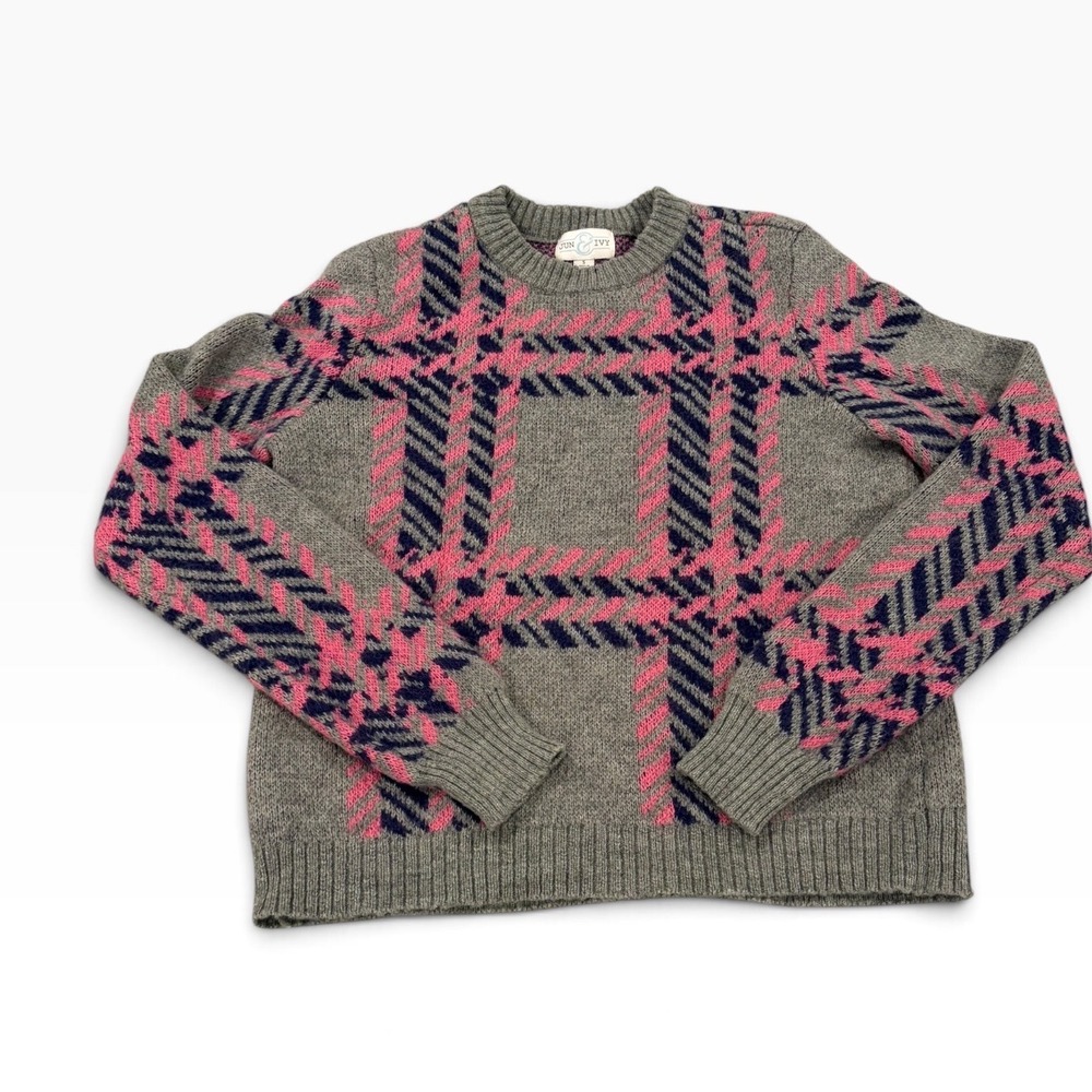 Jun & Ivy Womens Grey Pink Navy Plaid Crewneck Sweater Size Small 619-JS089
